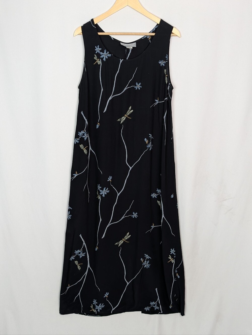 Vintage 90s Sleeveless Maxi Dress Floral & Dragonfly Print